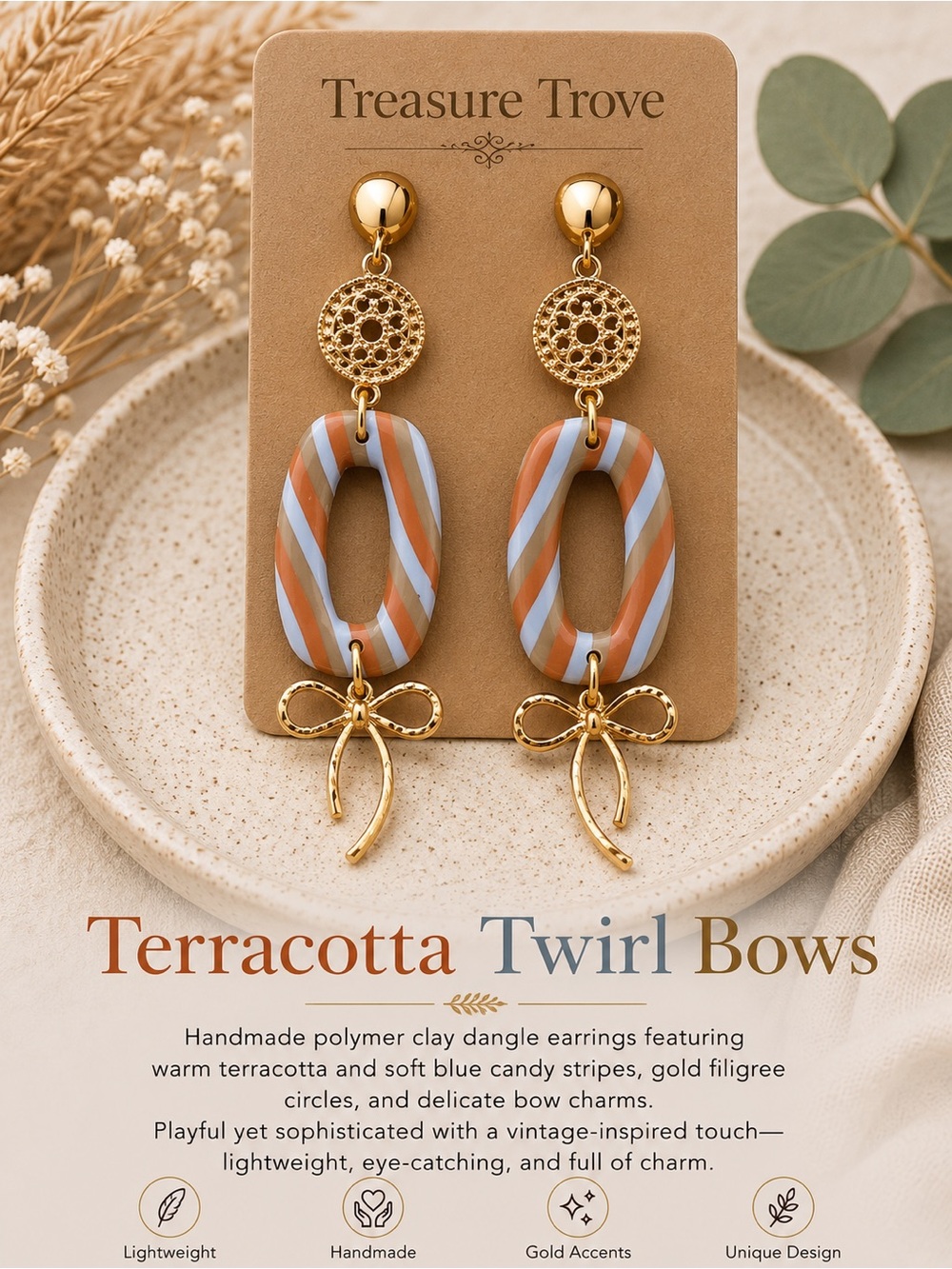Terracotta & Soft Blue Stripe Dangle Earrings with Gold Bows